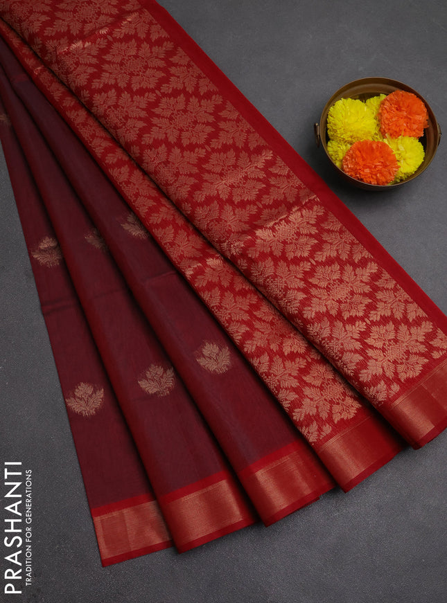 Kora silk cotton saree dual shade of maroon and kumkum red with zari woven buttas and zari woven border