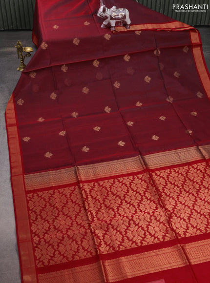 Kora silk cotton saree dual shade of maroon and kumkum red with zari woven buttas and zari woven border