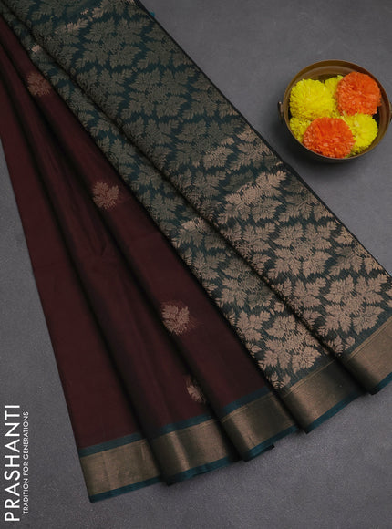 Kora silk cotton saree maroon and peacock green with zari woven buttas and zari woven border