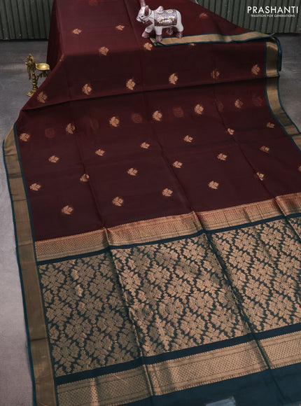 Kora silk cotton saree maroon and peacock green with zari woven buttas and zari woven border