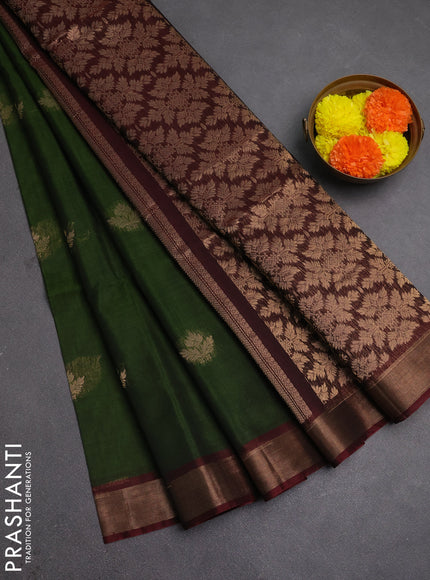 Kora silk cotton saree sap green and deep maroon with zari woven buttas and zari woven border