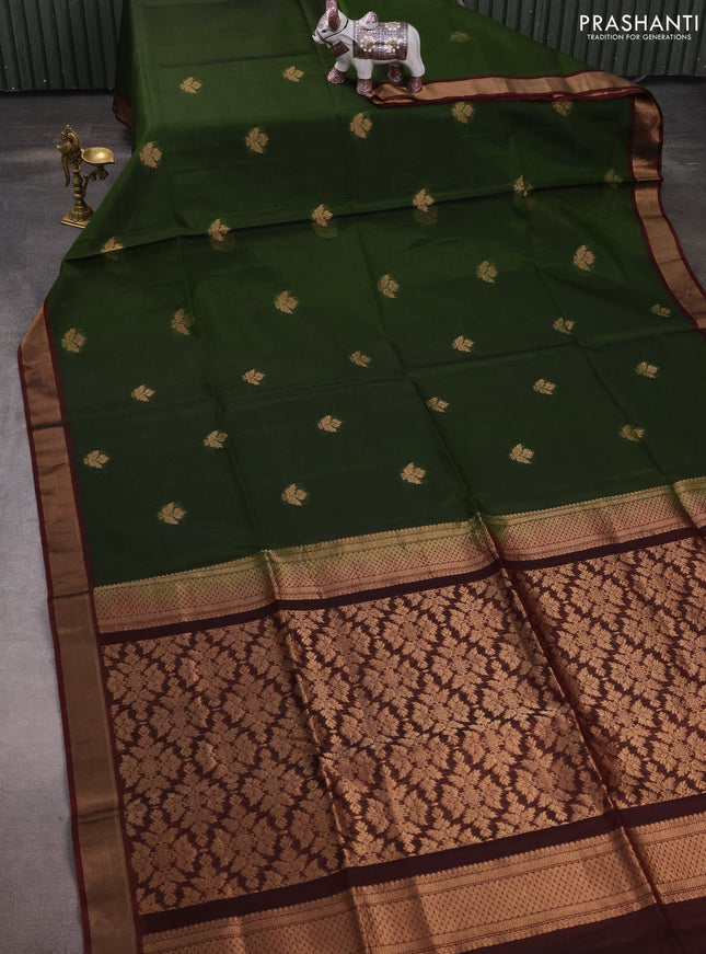 Kora silk cotton saree sap green and deep maroon with zari woven buttas and zari woven border