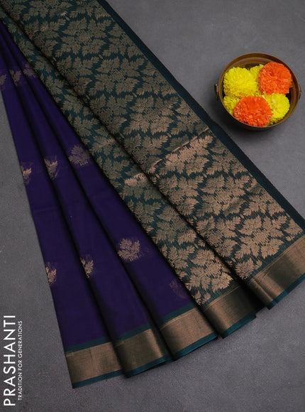 Kora silk cotton saree blue and peacock green with zari woven buttas and zari woven border