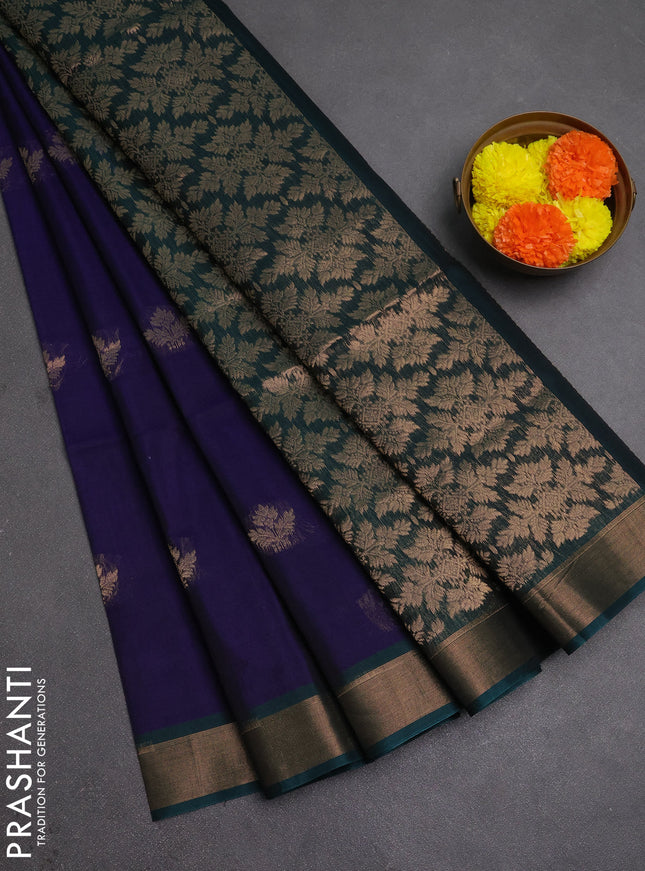 Kora silk cotton saree blue and peacock green with zari woven buttas and zari woven border