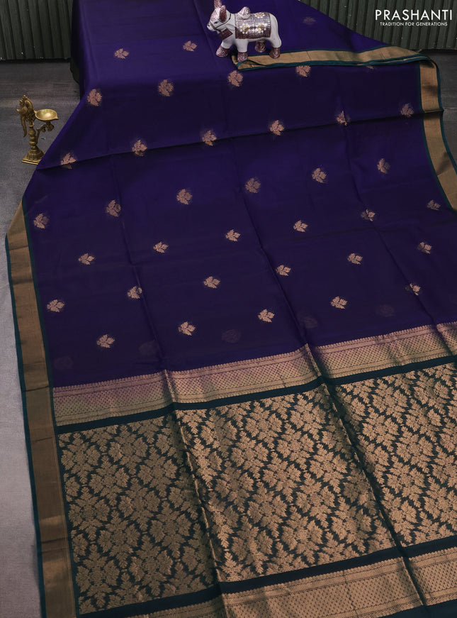 Kora silk cotton saree blue and peacock green with zari woven buttas and zari woven border