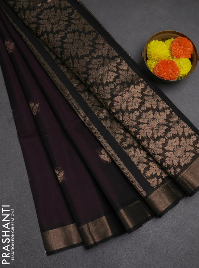Kora silk cotton saree deep purple and black with zari woven buttas and zari woven border
