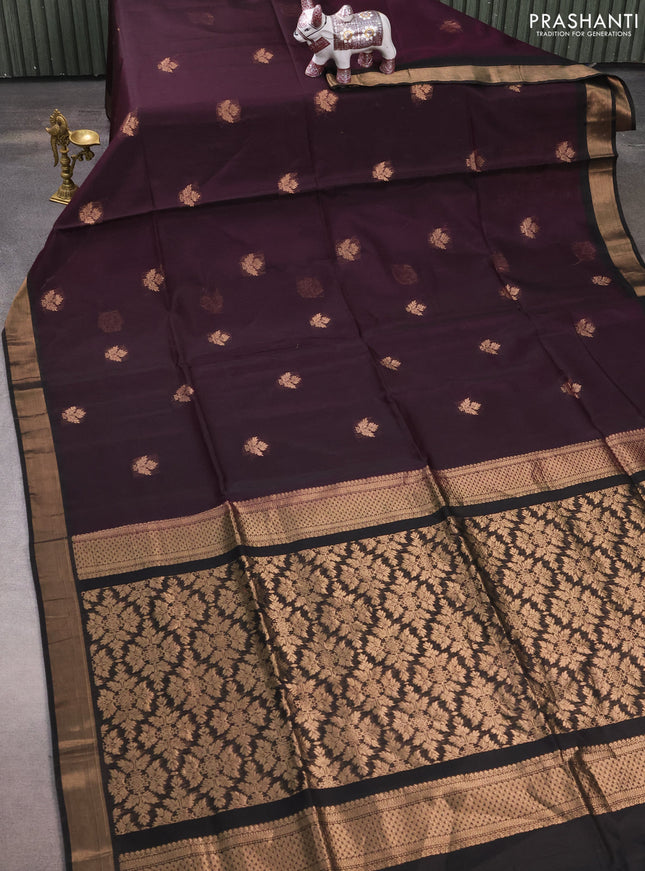 Kora silk cotton saree deep purple and black with zari woven buttas and zari woven border