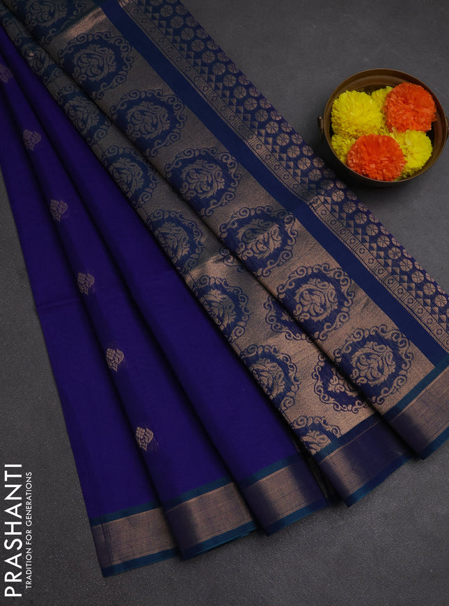 Kora silk cotton saree blue and dual shade of bluish green with zari woven buttas and zari woven border