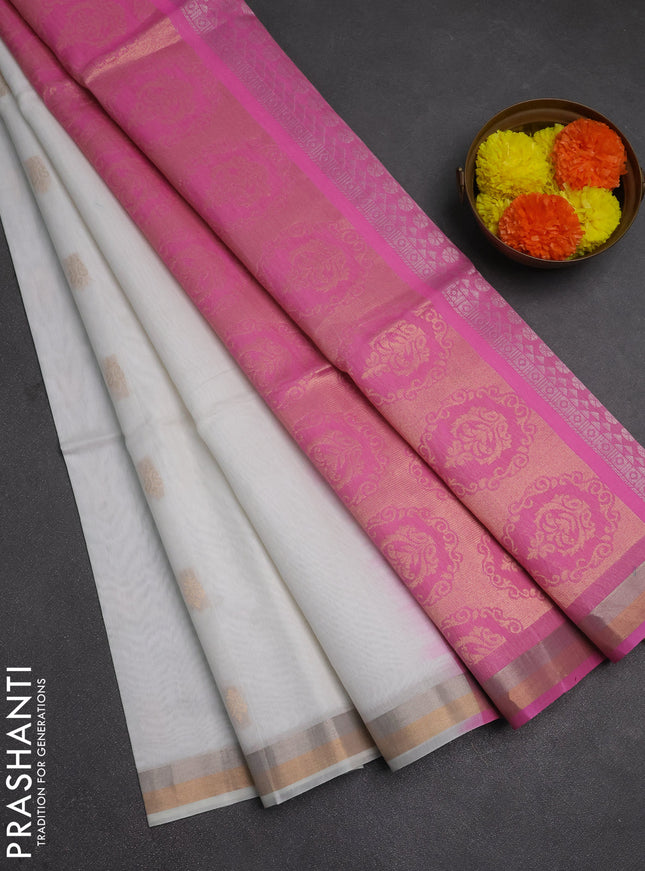 Kora silk cotton saree off white and light pink with silver & gold zari woven buttas and zari woven border