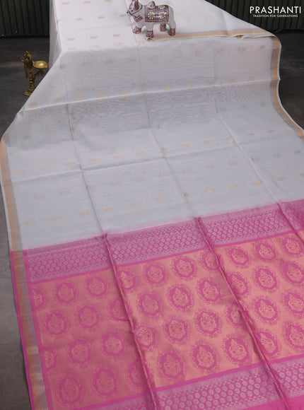 Kora silk cotton saree off white and light pink with silver & gold zari woven buttas and zari woven border