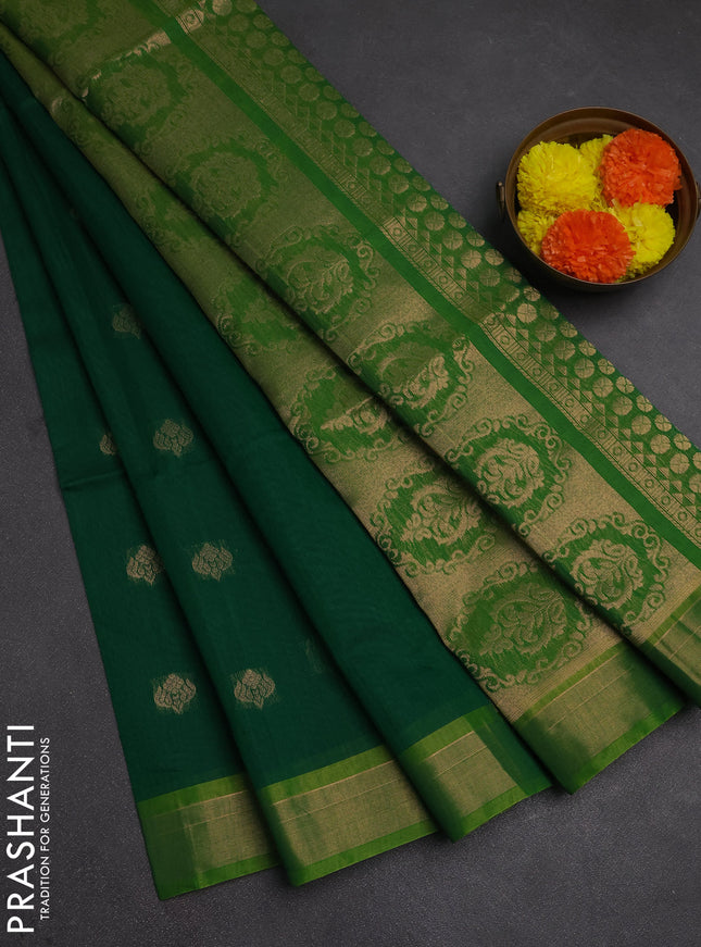 Kora silk cotton saree green and light green with zari woven buttas and zari woven border