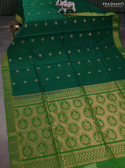 Kora silk cotton saree green and light green with zari woven buttas and zari woven border