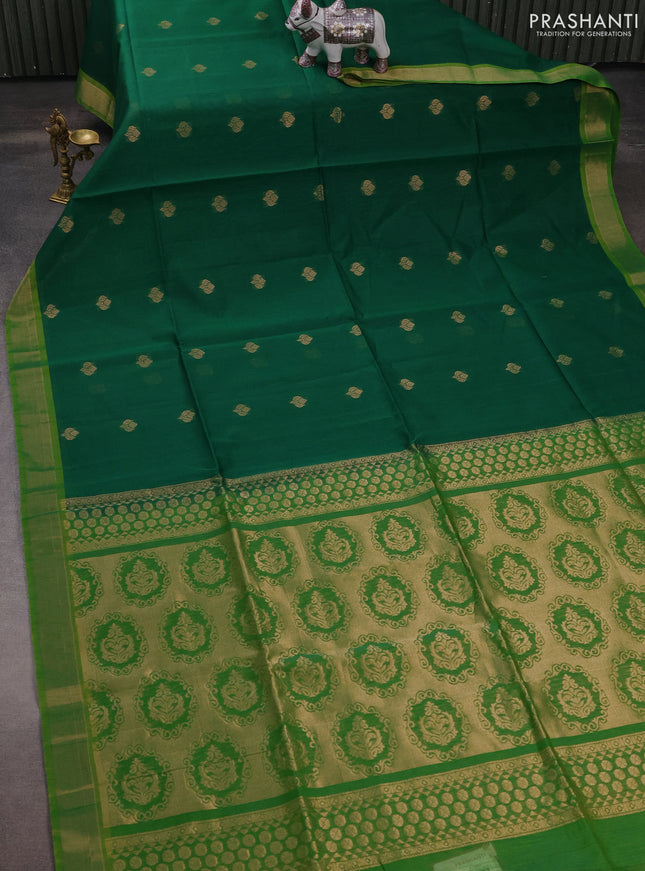Kora silk cotton saree green and light green with zari woven buttas and zari woven border