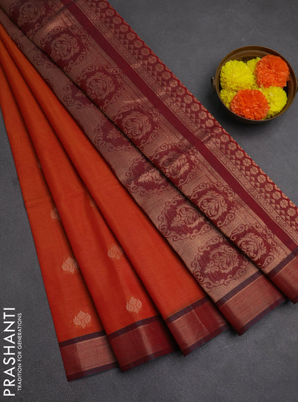 Kora silk cotton saree sunset orange and maroon with zari woven buttas and zari woven border