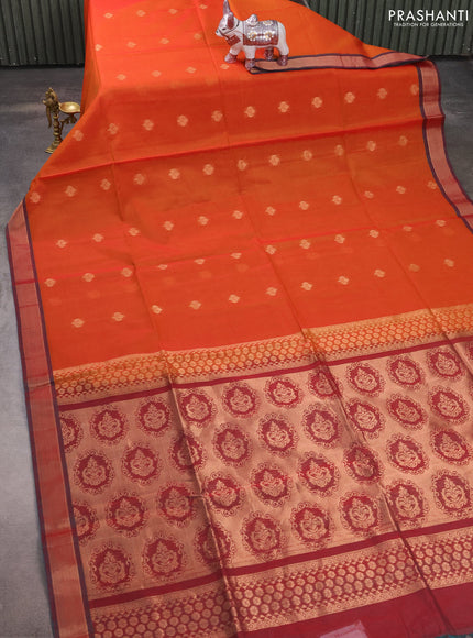 Kora silk cotton saree sunset orange and maroon with zari woven buttas and zari woven border