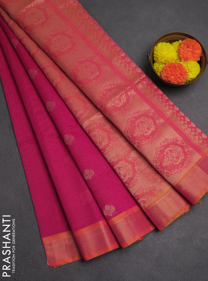 Kora silk cotton saree magenta pink and pink with zari woven buttas and zari woven border