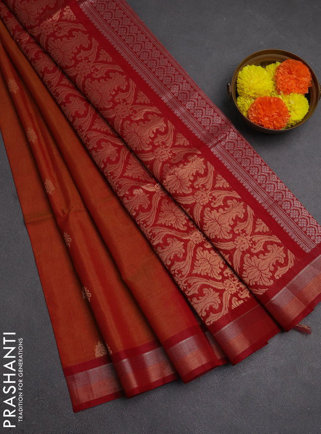 Kora silk cotton saree rust shade and maroon with zari woven buttas and zari woven border