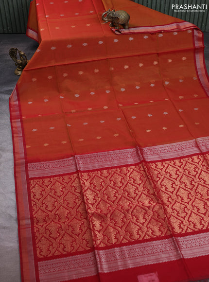 Kora silk cotton saree rust shade and maroon with zari woven buttas and zari woven border
