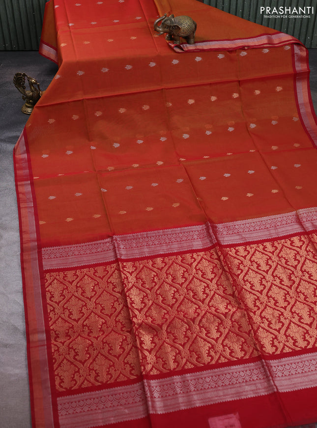 Kora silk cotton saree rust shade and maroon with zari woven buttas and zari woven border