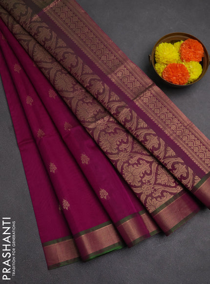 Kora silk cotton saree purple and dual shade of greenish purple with zari woven buttas and zari woven border