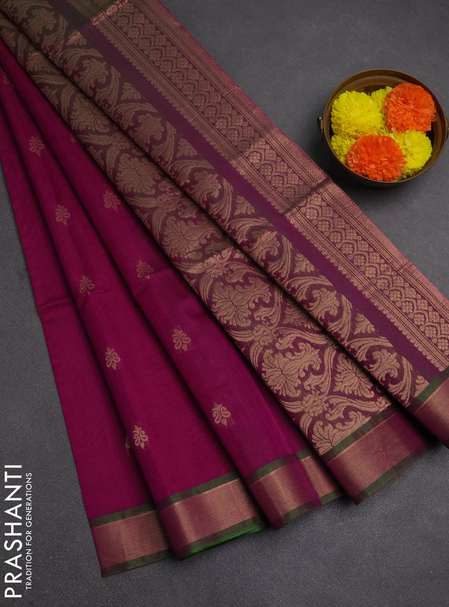 Kora silk cotton saree purple and dual shade of greenish purple with zari woven buttas and zari woven border