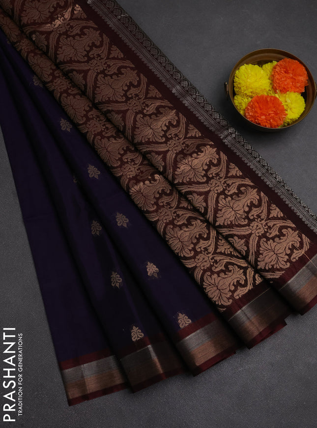 Kora silk cotton saree dark blue and deep maroon with zari woven buttas and zari woven border