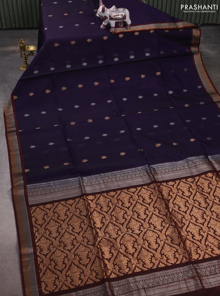 Kora silk cotton saree dark blue and deep maroon with zari woven buttas and zari woven border
