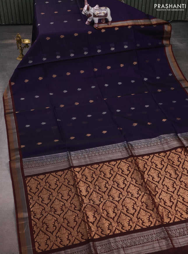 Kora silk cotton saree dark blue and deep maroon with zari woven buttas and zari woven border