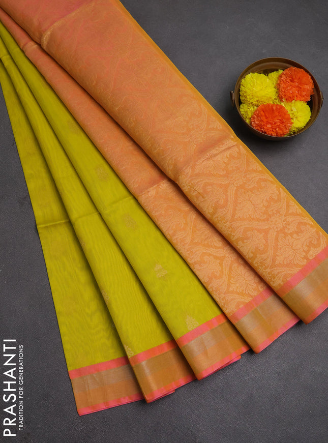 Kora silk cotton saree lime yellow and dual shade of yellowish pink with zari woven buttas and zari woven border
