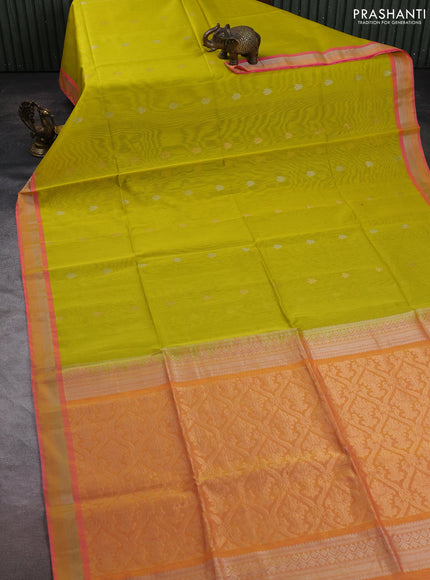 Kora silk cotton saree lime yellow and dual shade of yellowish pink with zari woven buttas and zari woven border