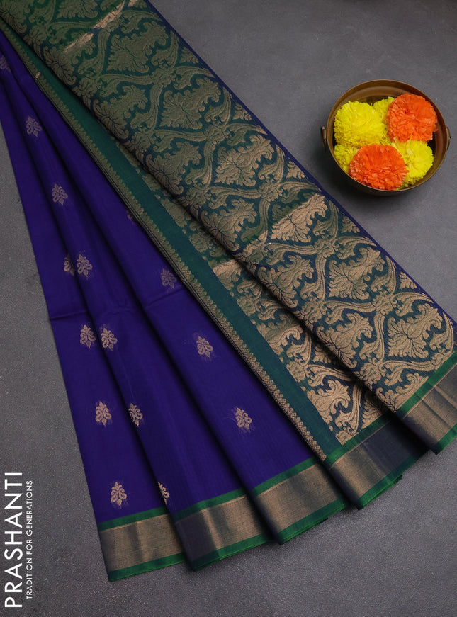 Kora silk cotton saree blue and dual shade of bluish green with zari woven buttas and zari woven border