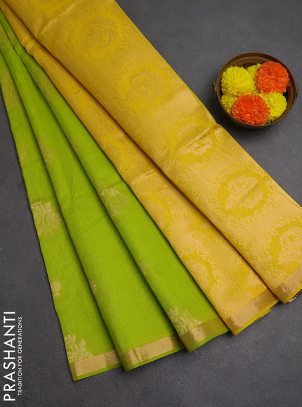 Kora silk cotton saree fluorescent green and yellow with zari woven buttas and zari woven border
