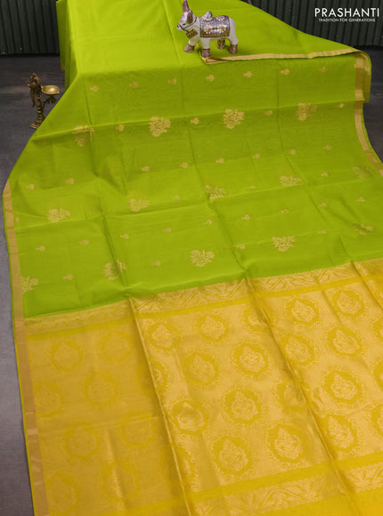 Kora silk cotton saree fluorescent green and yellow with zari woven buttas and zari woven border