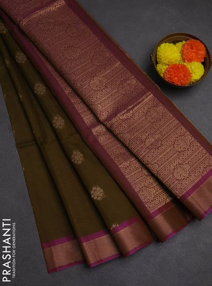 Kora silk cotton saree dark mehendi green and dual shade of brown with zari woven buttas and zari woven border