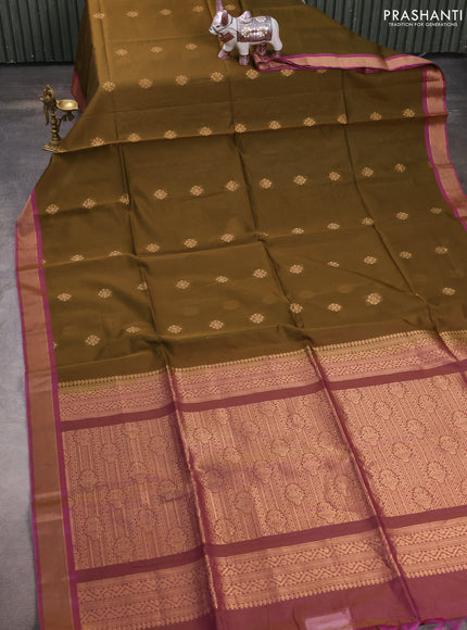 Kora silk cotton saree dark mehendi green and dual shade of brown with zari woven buttas and zari woven border