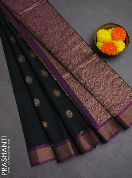 Kora silk cotton saree bottle green and purple with zari woven buttas and zari woven border