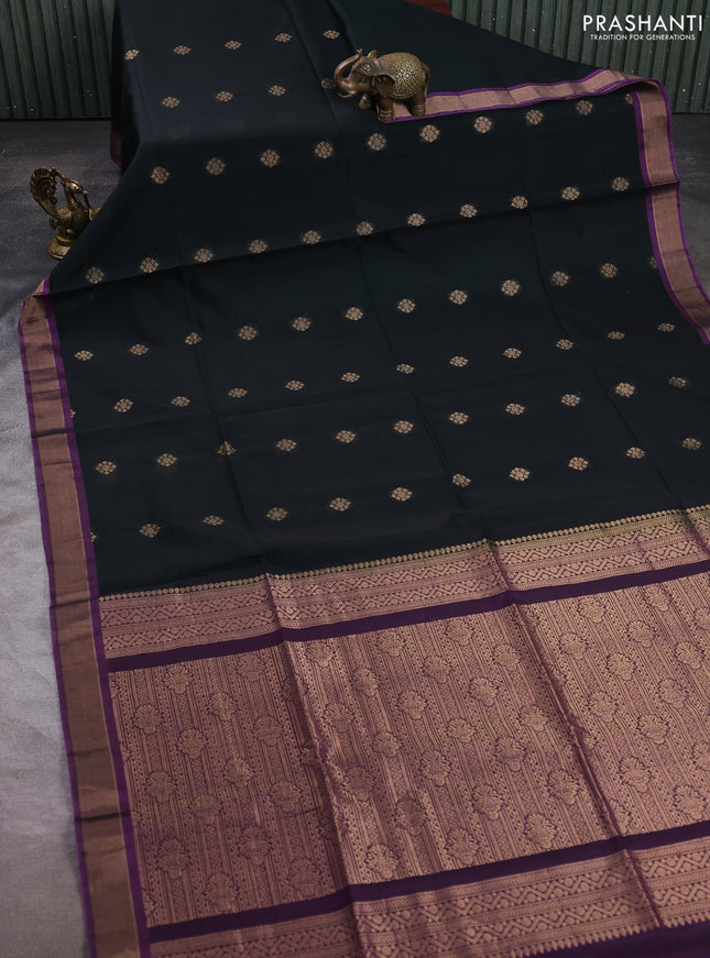 Kora silk cotton saree bottle green and purple with zari woven buttas and zari woven border