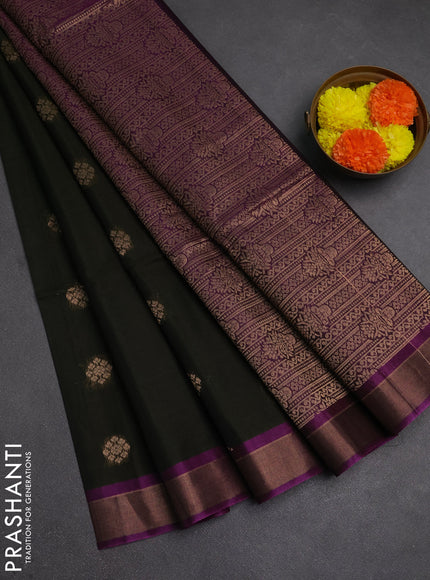 Kora silk cotton saree dark sap green and purple with zari woven buttas and zari woven border