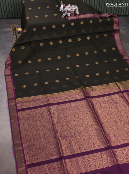 Kora silk cotton saree dark sap green and purple with zari woven buttas and zari woven border