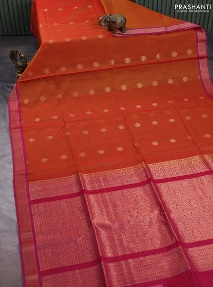 Kora silk cotton saree dual shade of rust shade and dual shade of magenta with zari woven buttas and zari woven border