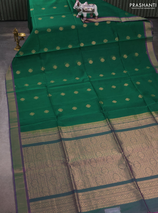 Kora silk cotton saree green and dual shade of greenish purple with zari woven buttas and zari woven border