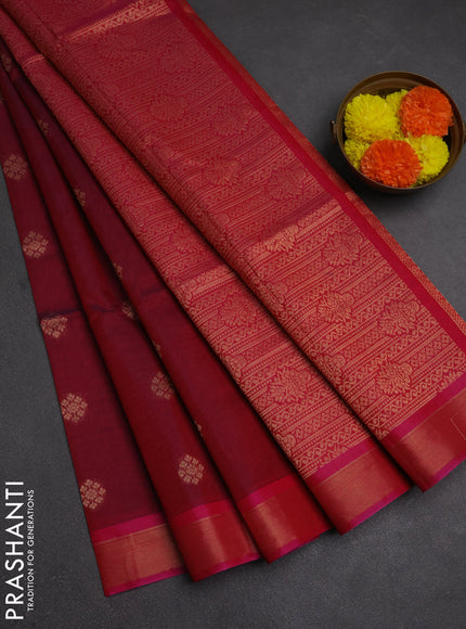 Kora silk cotton saree maroon and pink with zari woven buttas and zari woven border