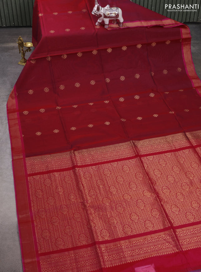 Kora silk cotton saree maroon and pink with zari woven buttas and zari woven border