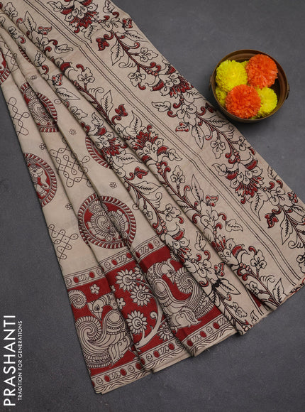 Kalamkari semi silk saree beige and maroon with allover butta prints and printed border