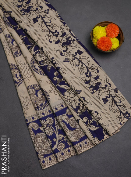Kalamkari semi silk saree beige and blue with allover butta prints and printed border