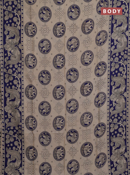 Kalamkari semi silk saree beige and blue with allover butta prints and printed border