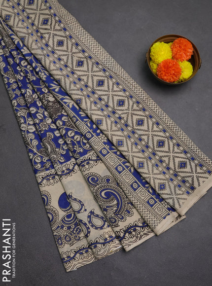 Kalamkari semi silk saree blue and beige with allover prints and printed border