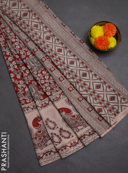 Kalamkari semi silk saree maroon and beige with allover prints and printed border