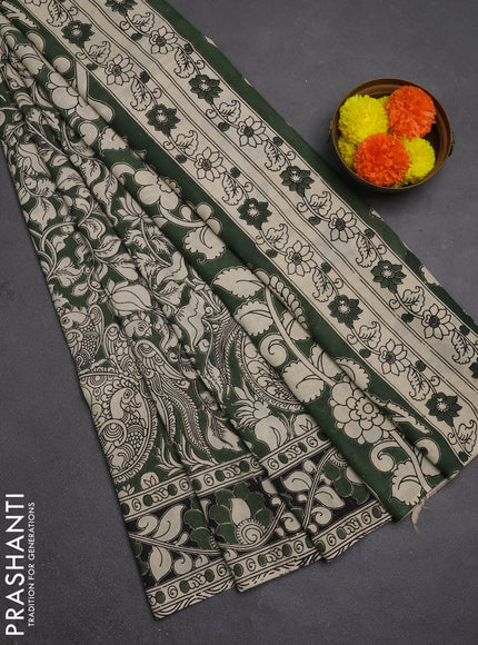Kalamkari semi silk saree green and black with allover prints and printed border