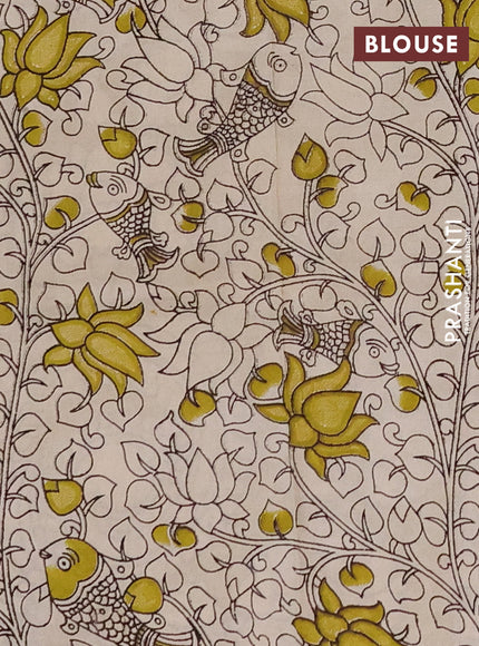 Kalamkari semi silk saree light green and black with allover prints and printed border